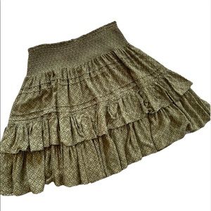 Lauren Ralph Lauren olive green batik print tiered ruffled smocked waist skirt